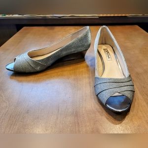 Sz 8.5 Used Condition Nina Sparkly Silver Wedge Kitten Heel